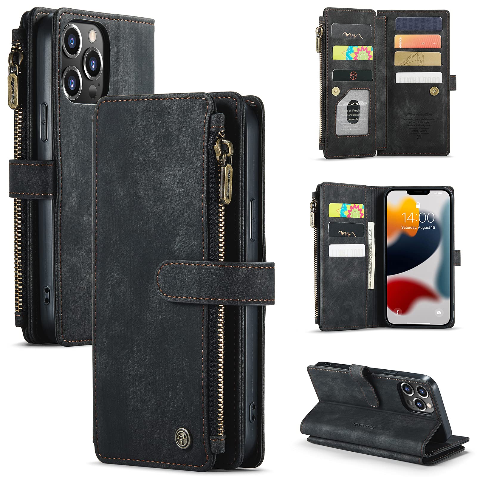 RUEBCOAK for iPhone 13 Pro Max Wallet Case, Multifunction Premium PU Leather Zipper Flip Folio Shockproof case with Magnetic Closure Built-in Kickstand and Card Slot for iPhone 13 Pro Max (Black)
