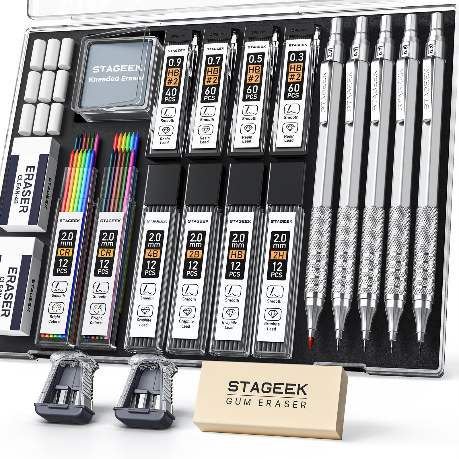 STAGEEK 21pcs Metal Mechanical Pencil Set, 0.3, 0.5, 0.7, 0.9, 2mm Lead Holder (HB 2H 2B 4B) with 10 Tubes Refills, Eraser & Case for Drafting, Drawing, Sketching