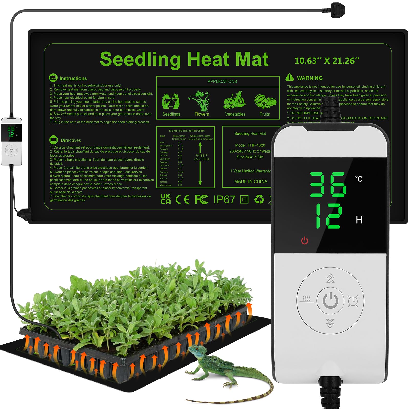 WADEO Heat Mat for Plants [54 X 27 cm] [30W] [24H Heating] Seedling Heat Mat with Thermostat 5 to 45°C, Timing Function 0-12H, Heated Propagator for Mushroom, Reptile, Spider, Snake