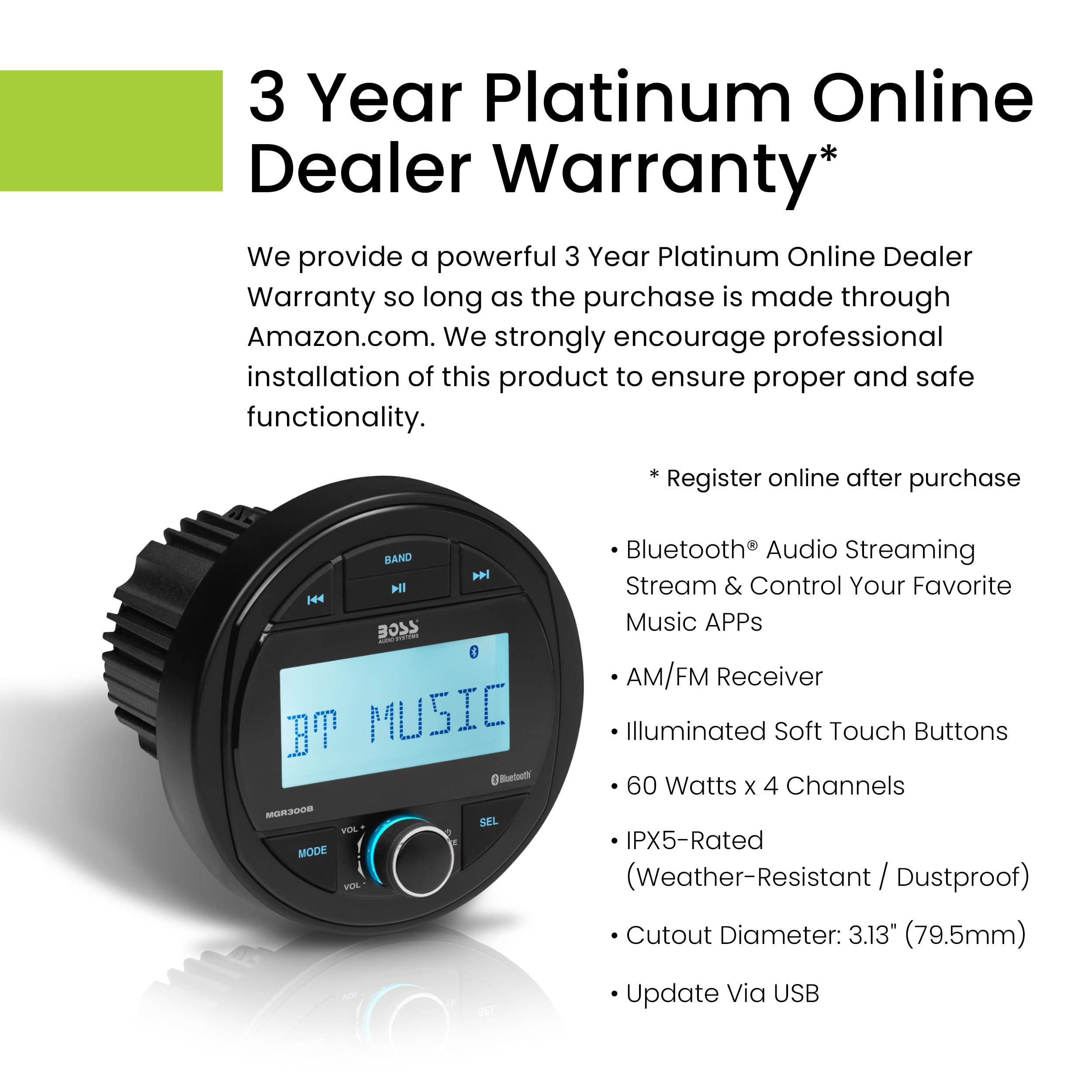 BOSS Audio Systems MGR300B Marine Boat Stereo Gauge Receiver - Bluetooth, No CD DVD Player, AM/FM Radio, IPX5 Weatherproof, USB, MP3