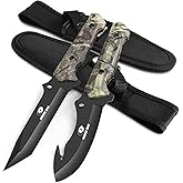 Mossy Oak Fixed Blade Hunting Knife Set - 2 Piece, Full Tang Handle Straight Edge and Gut Hook Blades Game Processing Knife, Sheath Included - Green Camo
