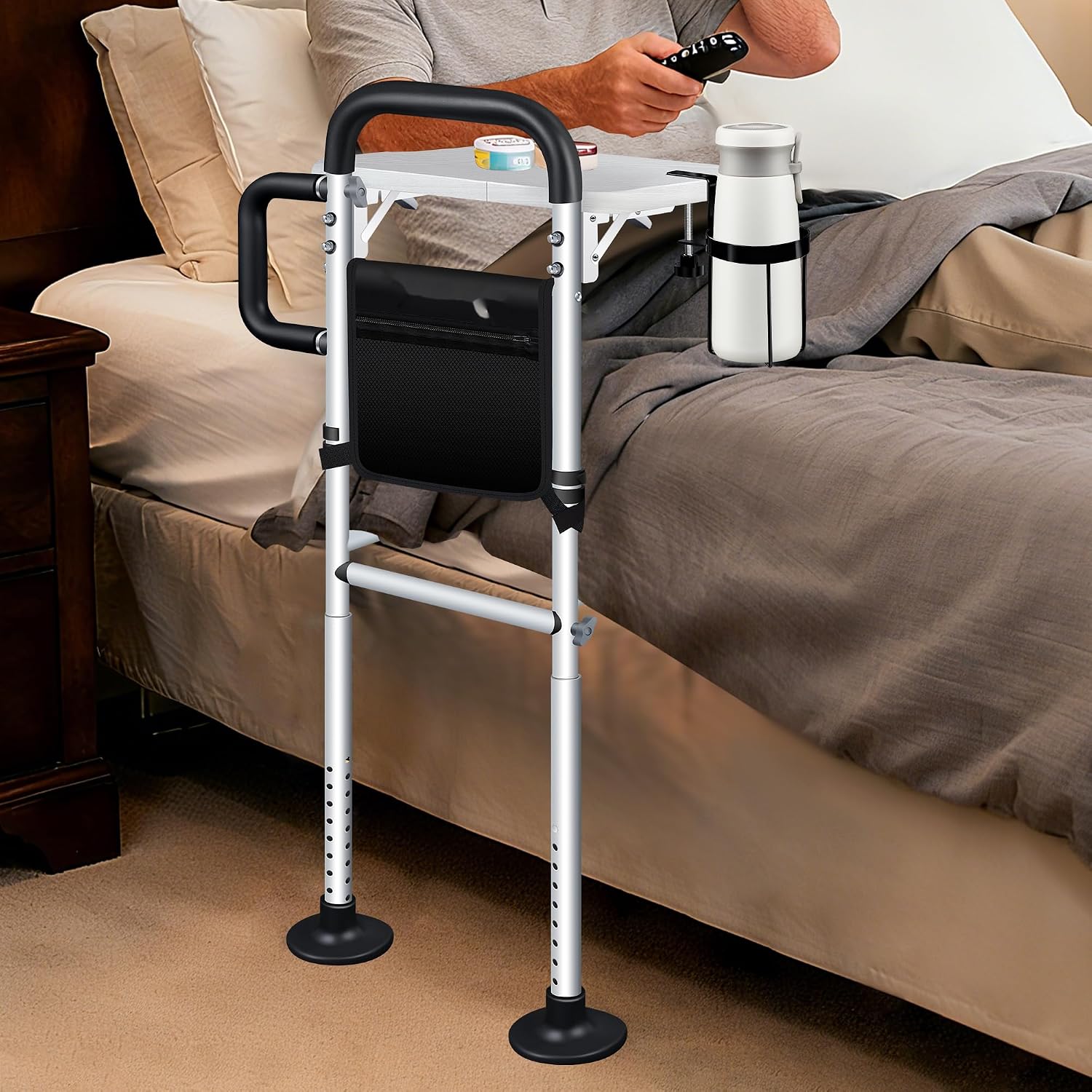 LanAqua Bed Rails for Elderly Adults Safety with Foldable Tray, Adjustable Bed Assist Rails for Seniors with Motion Sensor Light & Cup Holder, ASTM Approved Bed Cane Bed Rail with 2 Handles & Pocket