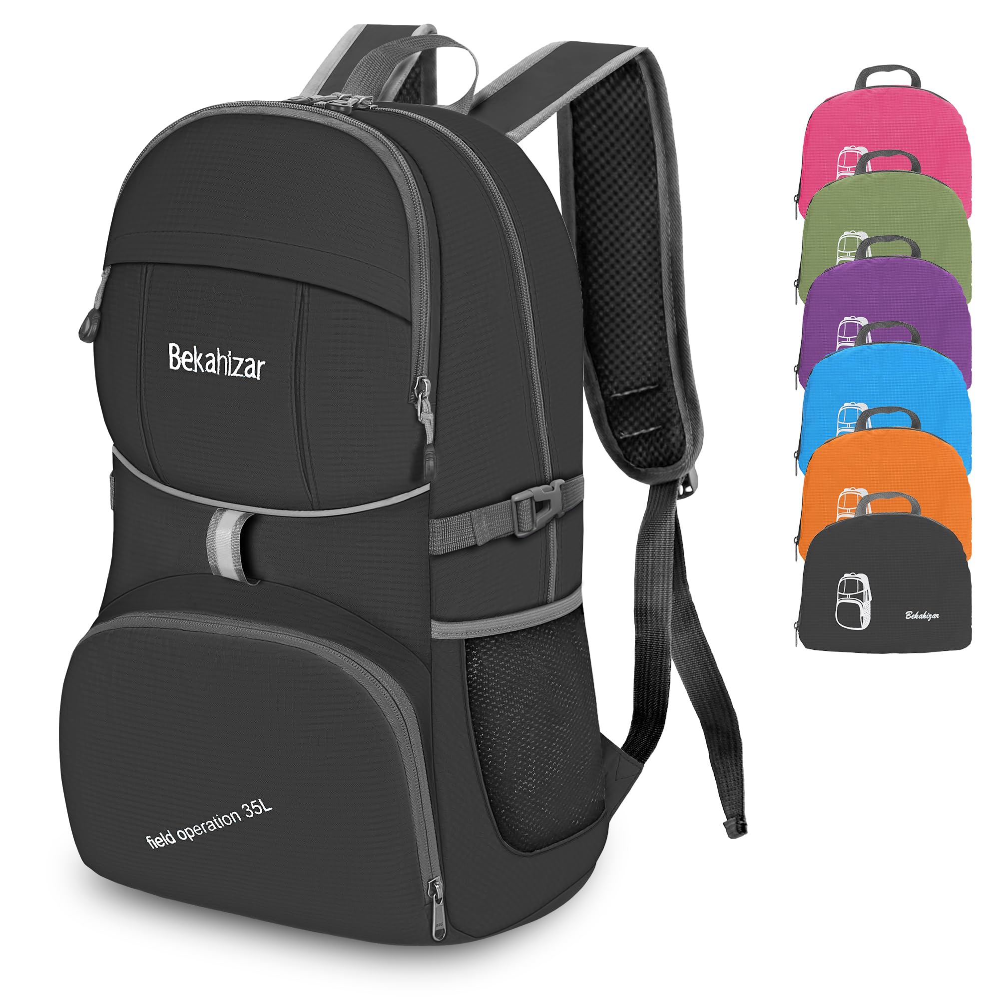 Bekahizar Lightweight Foldable Backpack 35L Hiking Rucksack Daypack Packable Travel Day Bag for Men Women Teens Outdoor Sports Walking Camping Travelling Cycling (Black)