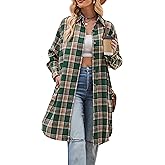 Bozanly Oversized Mid Long Plaid Flannel Shirts for Women Lapel Long Sleeve Check Blouse with Pockets