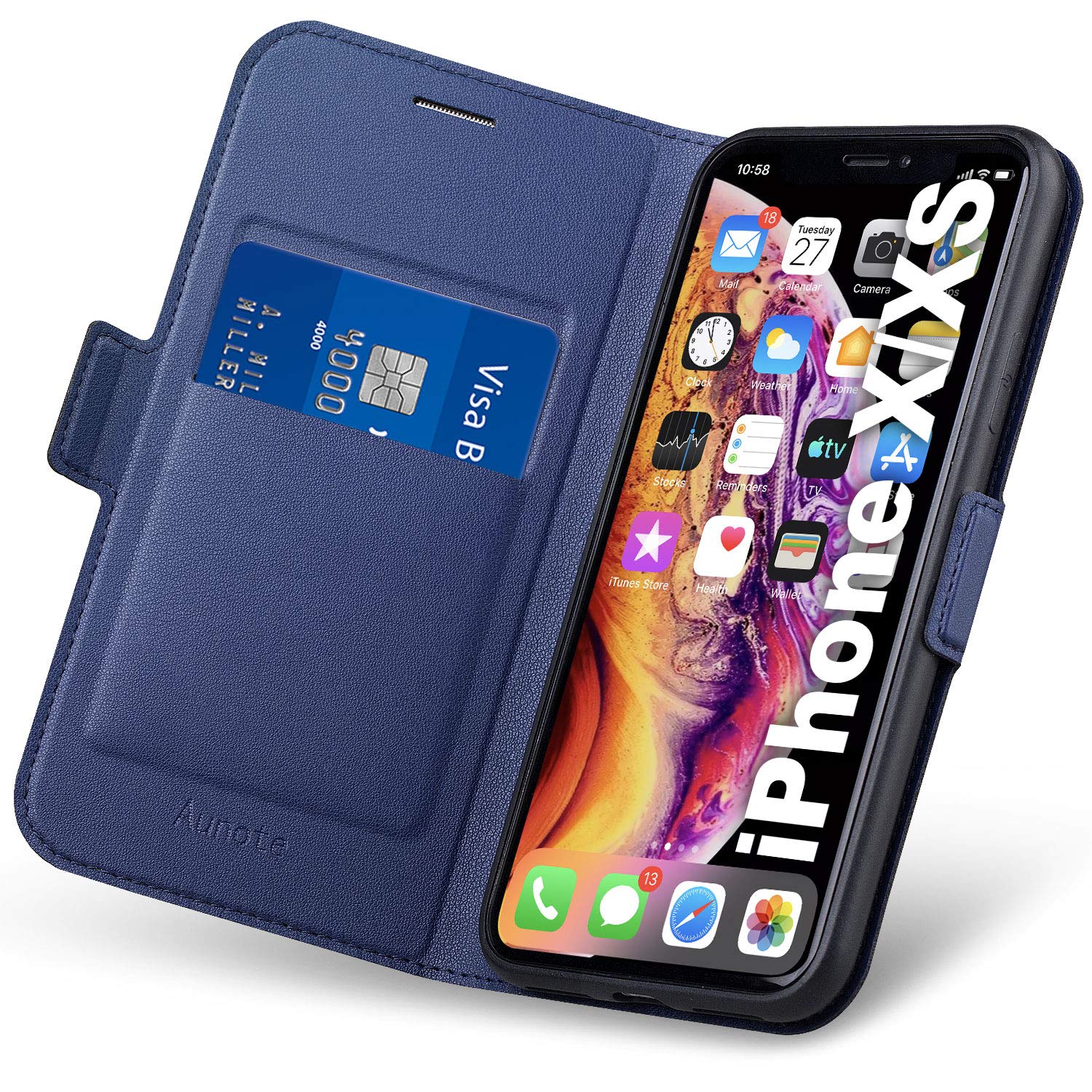 Aunote iPhone 10/X/XS Case, iPhone 10/X/XS Phone Case, Ultra Slim Flip/Folio Cover - Wallet Style: Made of PU Leather Shell (Lightweight, Feels Good) and TPU Inner - Provide Full Body Protection. Blue