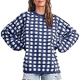 Hixiaohe Oversized Checkered Sweater for Women Trendy Pullover Sweaters Casual Long Sleeve Ribbed Knit Tops Fashion Clothes