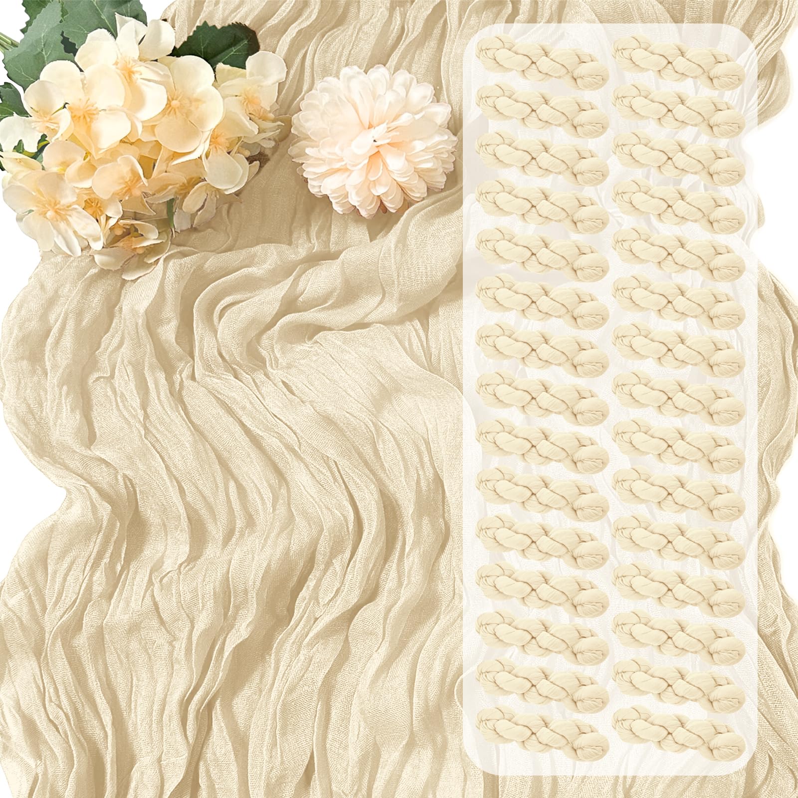 Photo 1 of 30 Pack Ivory Cheesecloth Table Runner 17 x 108 inch Cheese Cloth Table Runners 9ft Ivory Table Runner Rustic Romantic Sheer Gauze Runner for Wedding Party Baby Shower Table Decoration