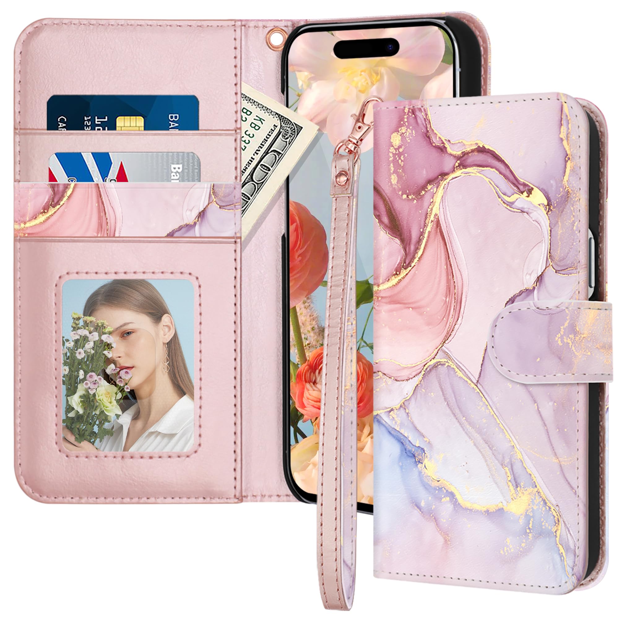 Fingic for iPhone 15 Pro Max Case Wallet[with 3 Card Holders] Rose Gold Marble PU Leather Detachable Wrist Strap Magnetic Flip Case for Women Girls Wallet Case for iPhone 15 Pro Max 5G,6.7 Inch,2023 — image 1