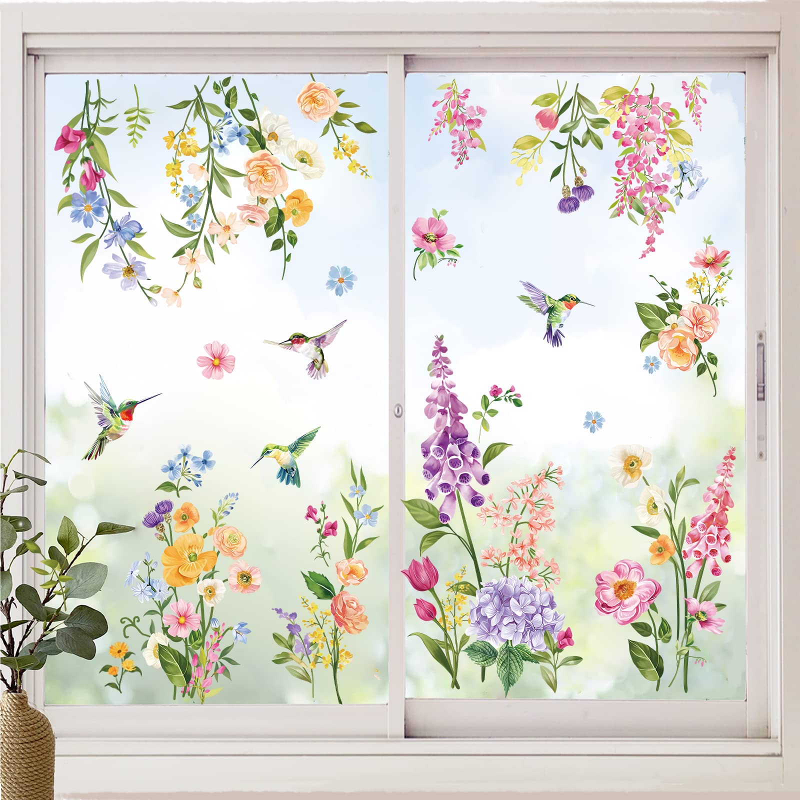wondever Spring Summer Flower Window Stickers Iris Floral Bird Glass Decal Anti Collision Double-Side Static Window Decals Clings for Home Glass Window