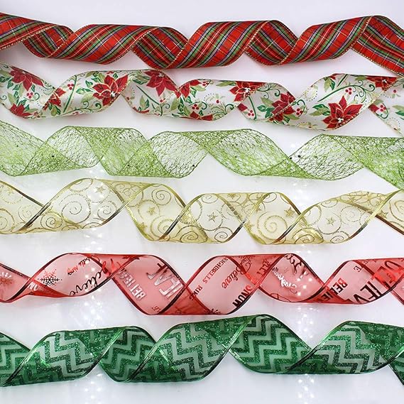 Christmas Wired Ribbon, Assorted Swirl Sheer Organza Glitter Crafts Gift Wrapping