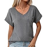 levaca V Neck Cap Sleeve Ribbed Tops for Women 2025 Trendy Summer Casual Tshirt with Front Pocket
