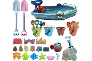 IOKUKI Long Shovels Sand Toys Tool with Mesh Bag Including Bath Boat, Castle Building Kit, Buckets, Rakes, Molds For Outdoor, Beach for Kids, Toddlers, Boys and Girls (33 PCS)