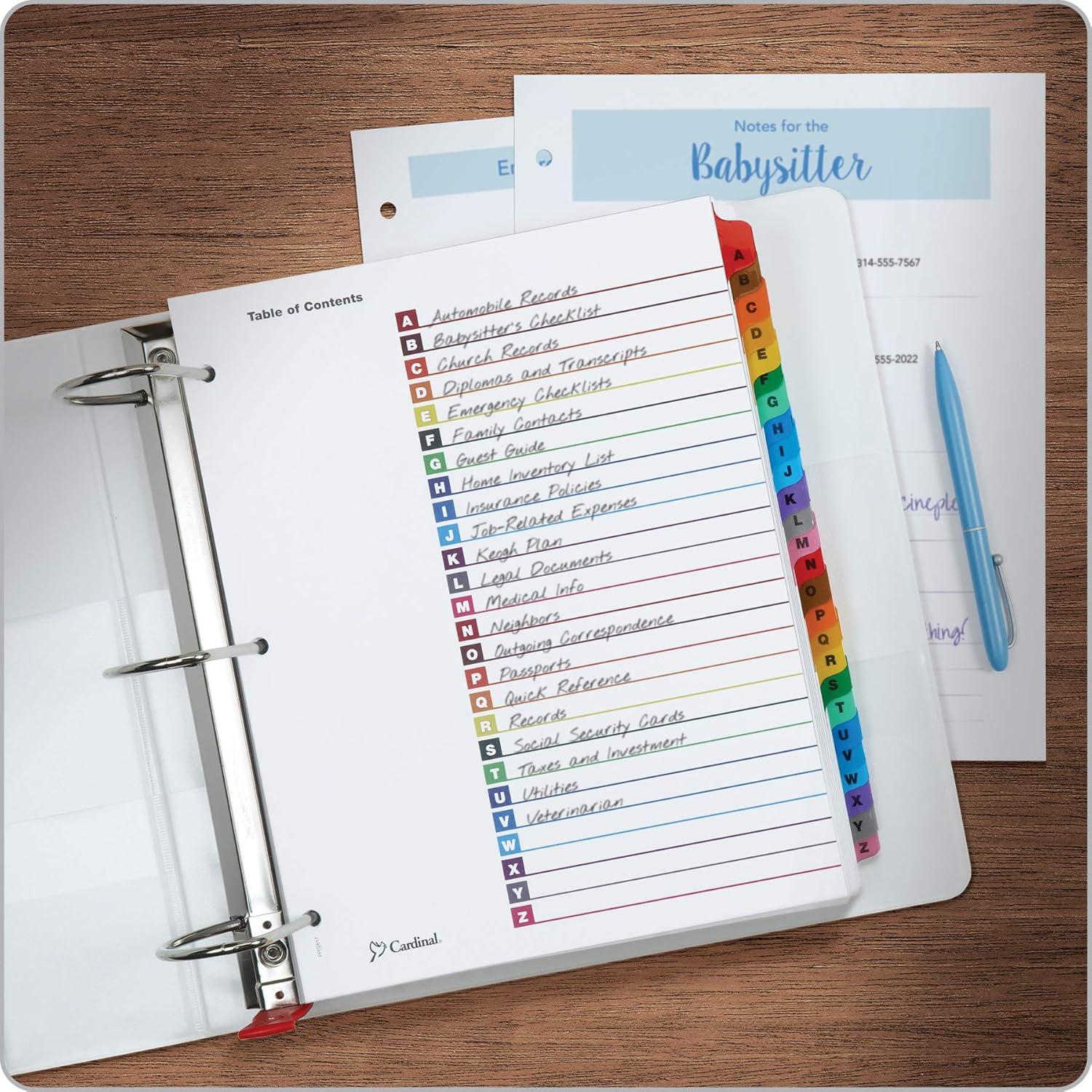 Cardinal A-Z Tab Dividers for 3 Ring Binders, Customizable Table of Contents Page with Multicolor A-Z Tabs, 3 Sets (63218) : Office Products