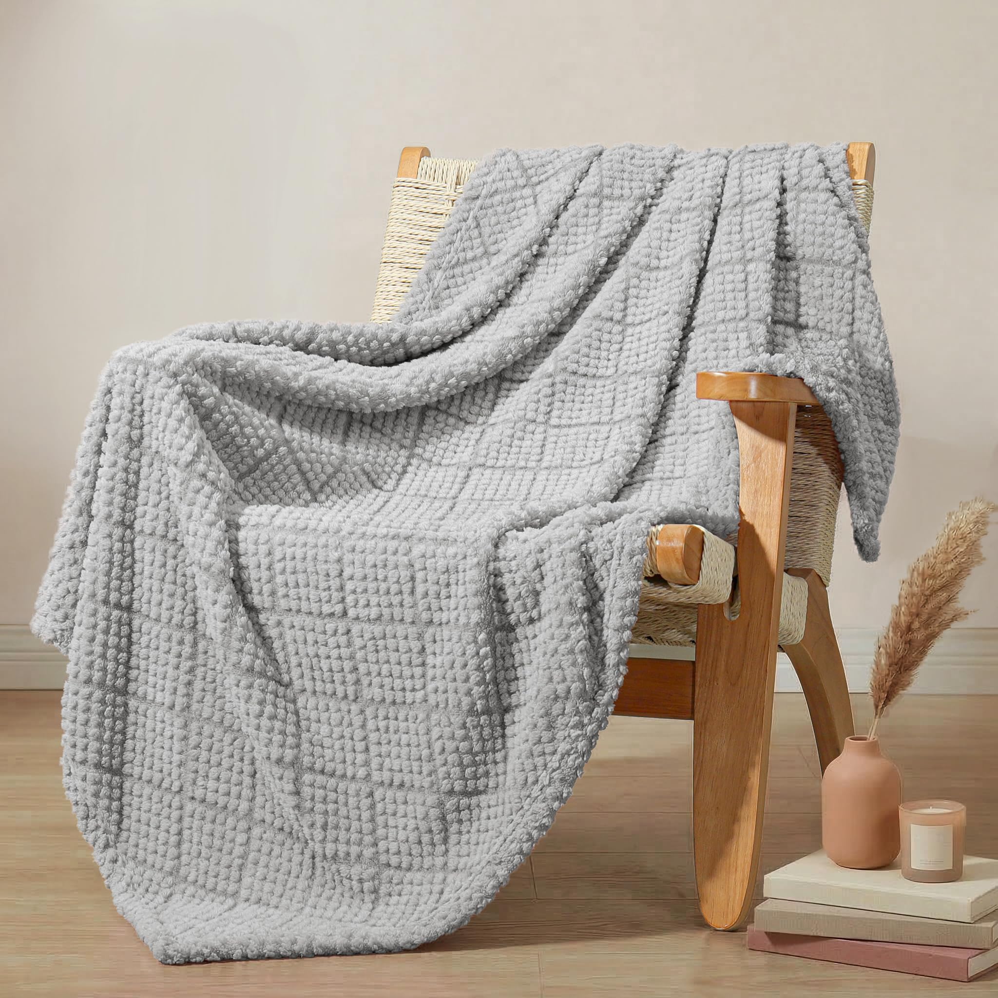 Whale Flotilla Fuzzy Fleece Throw Blanket for Sofa, Couch, Bed, 130x150 CM Soft Fluffy Jacquard Waffle Blankets for All Season, Lightweight and Warm, Light Grey