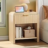 Decofy Fluted Nightstand with Charging Station, Modern Bedroom Furniture Side Table with Gold Handles, Drawers & Open Shelf, Curved Profile Design, End Table Wood Organizer for Bedroom, Natural Oak
