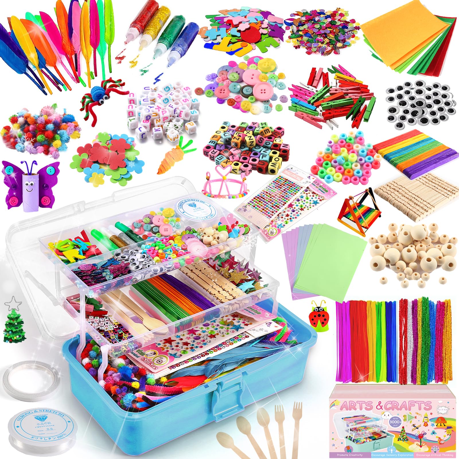 Arts and Crafts Supplies for Kids, 3000+Pcs DIY Craft Kits, Ages 6-10, Educational Preschool and Homeschooling Arts Programs, Children Craft Kits, Christmas Gifts in Portable 3 Layered Plastic Art Box