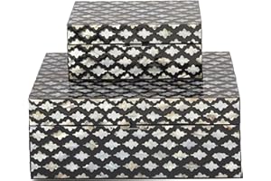 Deco 79 Mother of Pearl Shell Decorative Box Decorative Keepsake Boxes with Hinged Lid, Set of 2 Storage Boxes 12", 8"W, Black