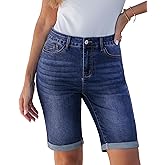 luvamia Bermuda Jean Shorts for Women Knee Length High Waisted Trendy Cuffed Hem Long Stretchy Denim Shorts Summer Jorts
