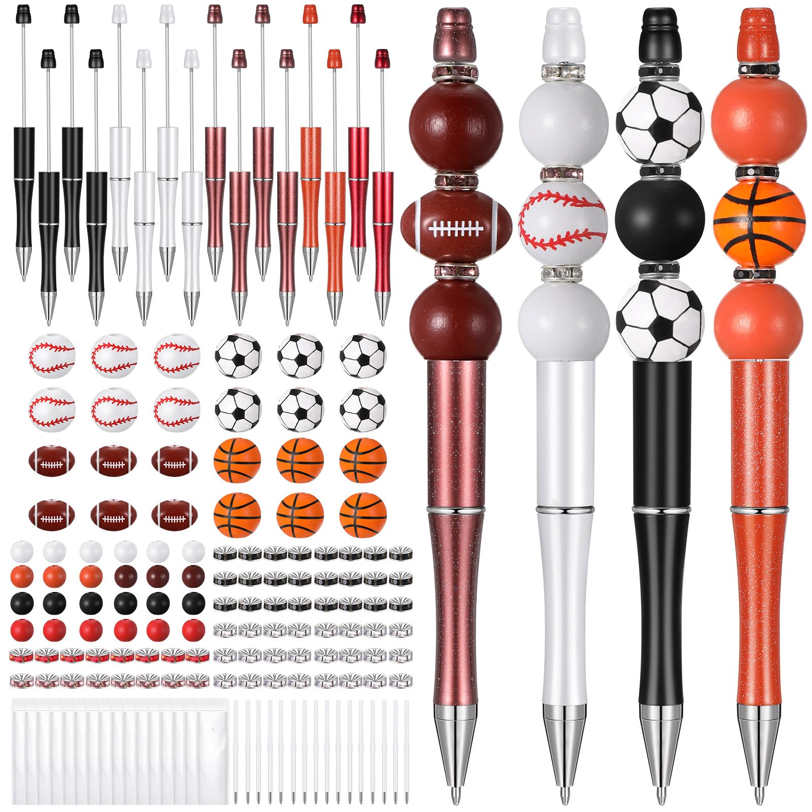 Photo 1 of Colarr 16 Set Plastic Sports Ball Beadable Pens Assorted Basketball Football Baseball Rugby Bead Ballpoint Pens DIY Bead Making Kit with Black Refills and Bag for Students Gifts School Office Supplies