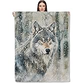 CUEBOS Winter Wolf Flannel Throw Blanket 50x60 Inch, Majestic Wildlife in Snowy Forest Blankets Soft Cozy Fleece Throws for Animal Lover Bed Sofa Dorm Living Room Rustic Home Decor Gifts