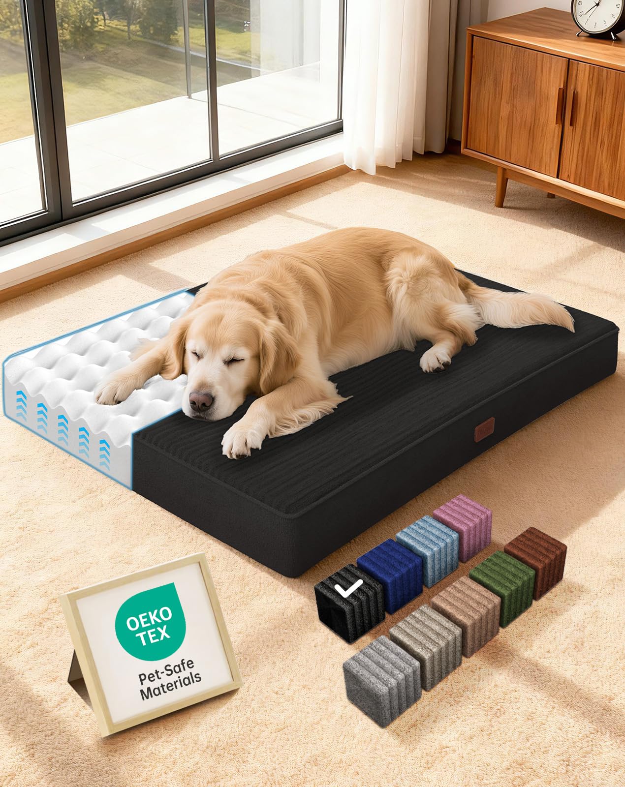 OhGeni Orthopedic Waterproof & Machine Washable Dog Bed for Medium Large Pets, Cat Mat with 25D Egg Crate Foam, Non-Slip Bottom & Removable Cover, 36 Inches(Black) Image