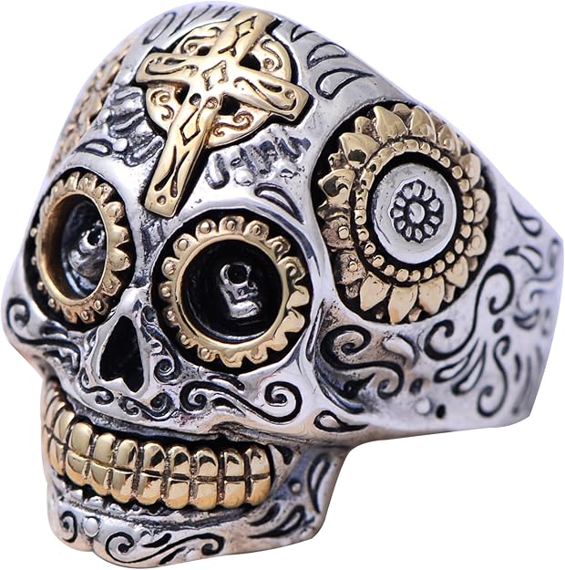 Anillo de Calavera Mexicana Dorado Joyería Biker Plata esterlina 925 Gótico para Hombres Mujeres