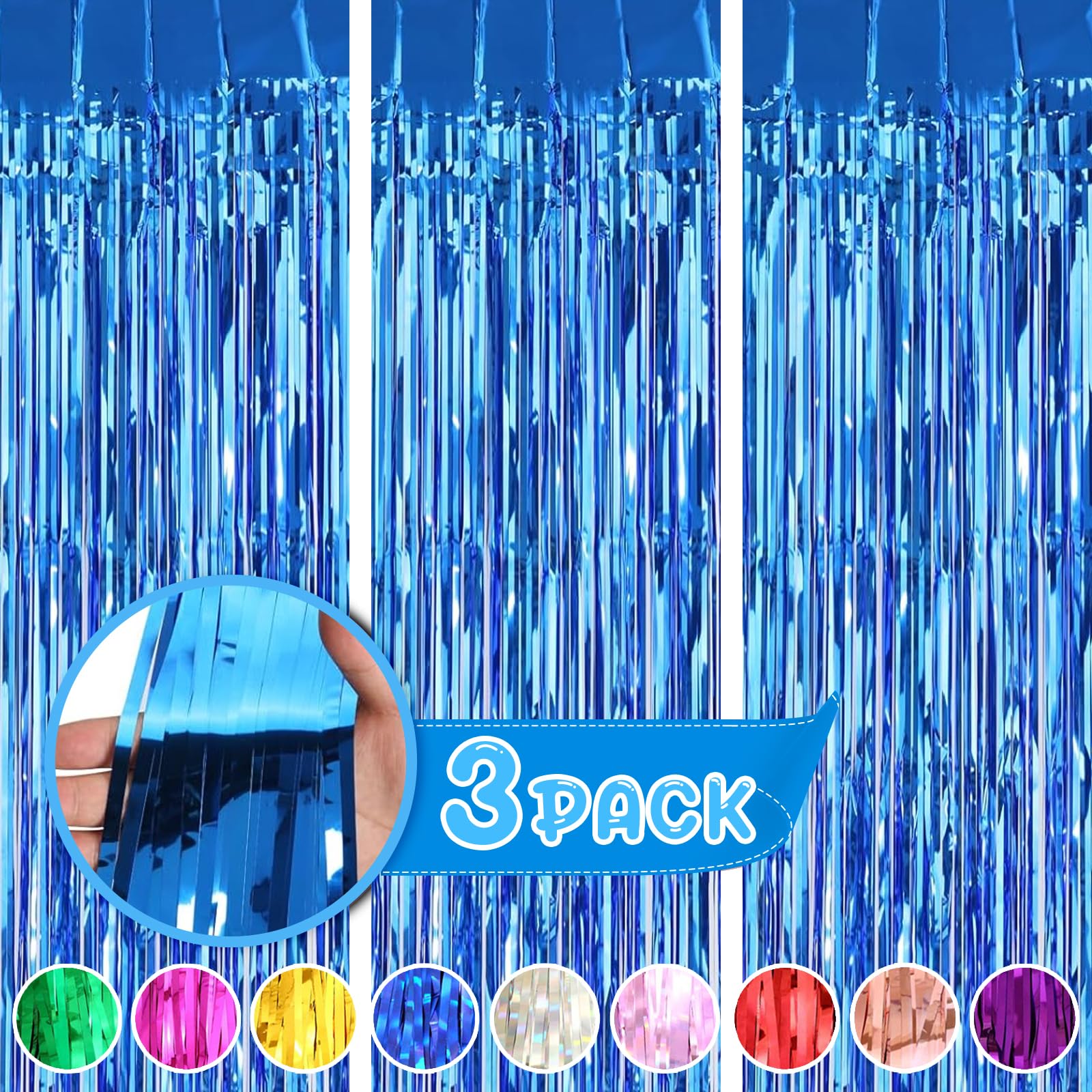 Blue Curtains for Party Decorations, 3 Pack 3.2ft x