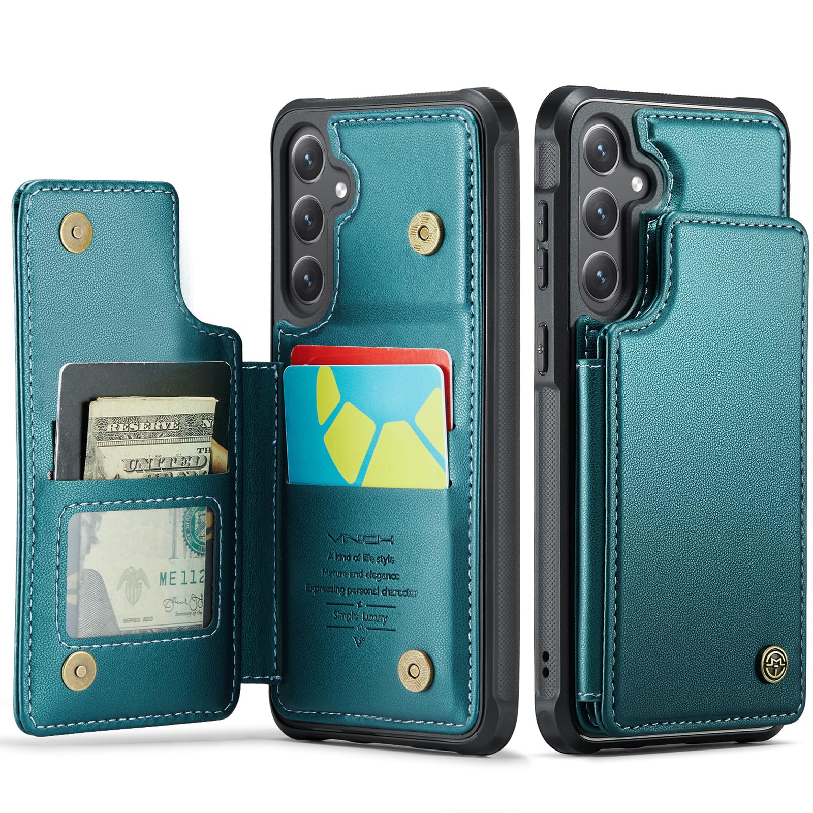 Photo 1 of Vinich for Samsung Galaxy S24 Wallet Case with Card Holder, RFID Blocking Credit Slots Kickstand Shockproof Phone Cover for Women Men, Bluish Green