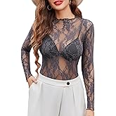 Avidlove Women's Mesh Top Long Sleeve Mock Neck Sheer Blouse See Through Floral Lace Tops