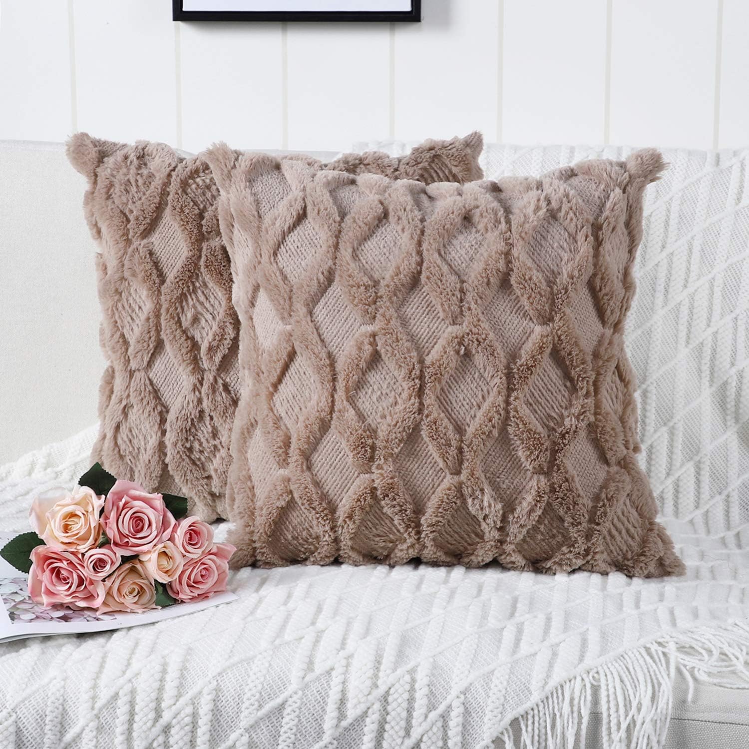 Madizz Pack of 2 Soft Plush Short Wool Velvet Decorative Throw Pillow Covers Luxury Style Cushion Case Pillow Shell for Sofa Bedroom Square Taupe 18x18 inch