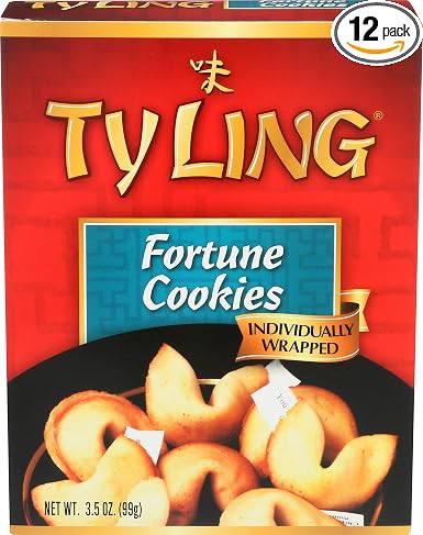 Ty ling fortune cookies flour, sugar, Water lecithin, soybean Oil, eggs, Natural Orange flavor, fd&c Yellow no. 5&6. (070670000587)