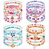 Sureio 24 Pcs Bohemia Hawaiian Plumeria Rubra Tropical Flower Friendship Bracelets for Party Favors Heishi Surfer Beaded Stretch Bracelets Y2K Pearl Bracelets Summer Beach Holiday Jewelry