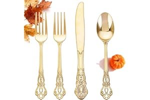 Joyido 40PCS Gold Plastic Silverware - Heavy Duty Elegant Disposable Utensils - Gold Plastic Cutlery Set Includes 20 Forks, 10 Spoons, 10 Knives for Dinner, Parties, Weddings