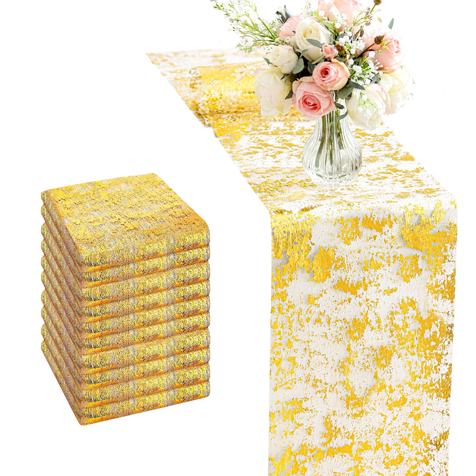 Photo 1 of 10 Packs Gold Table Runner Roll – 11x84 Inches Metallic Mesh Sparkling Glitter Party Decor for Weddings, Holidays, Dining Table Shiny Runners for Table (Gold, 10 Pieces)