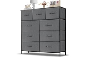 Zibbizo Dresser for Bedroom, 9 Storage Drawers, Anti-Tip Tall Fabric Closet Chests Organizer Tower Furniture with Wooden Top Metal Frame for Clothes, Kids Room, Living Room, Hallway, Entryway