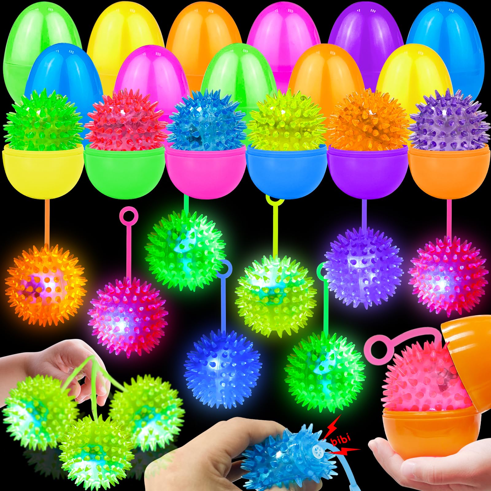 Photo 1 of 12 Pack 3.5" Easter Eggs Prefilled with Light Up Spiky Balls, Easter Basket Stuffers Essential for Kids LED Flashing Squeaky Sensory Stress Relief Fidget Toys Easter Hunt Fillers Party Favors Gifts