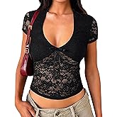 Matunana Womens Long Sleeve Going Out Tops Lace V Neck Mesh Crop Shirts Sexy Cute Y2K Fall Trendy Outfits 2026