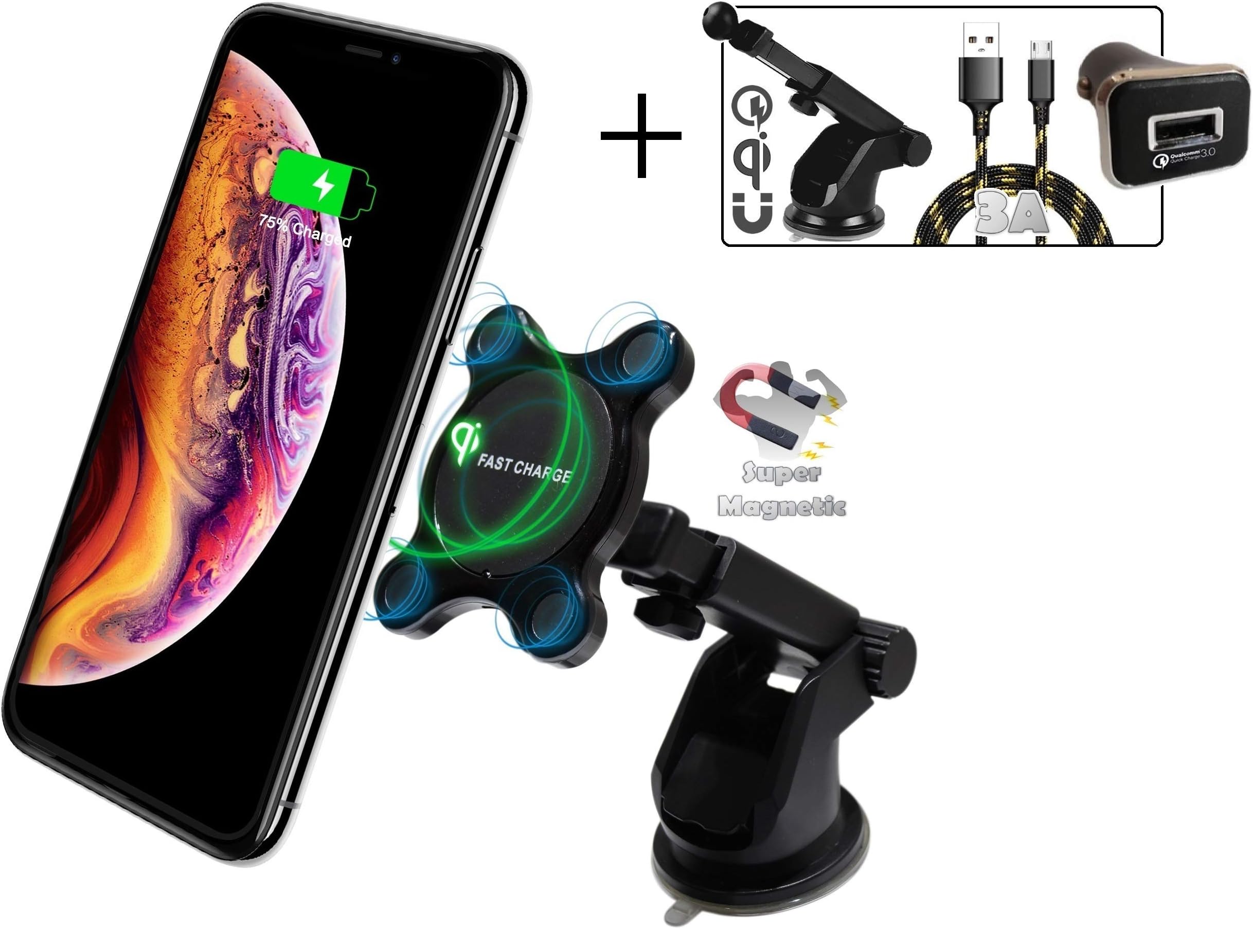 Magnetic Wireless Car Charger, 2BConnect Premium Strong Mount Qi Fast Charging Car Kit Includes CQ3.0 Adapter, 3Amp Cable, 10W Fast Wireless Charging: iPhone Xs Max/XR/X/8/8+ Samsung S10/S9/S8/Note 8