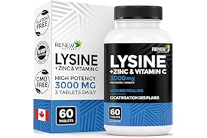 RENEW ACTIVES L-Lysine 3000mg per Serving 3 Tablets with Zinc & Vitamin C – Supports Immune Function, Collagen Formation, Ant