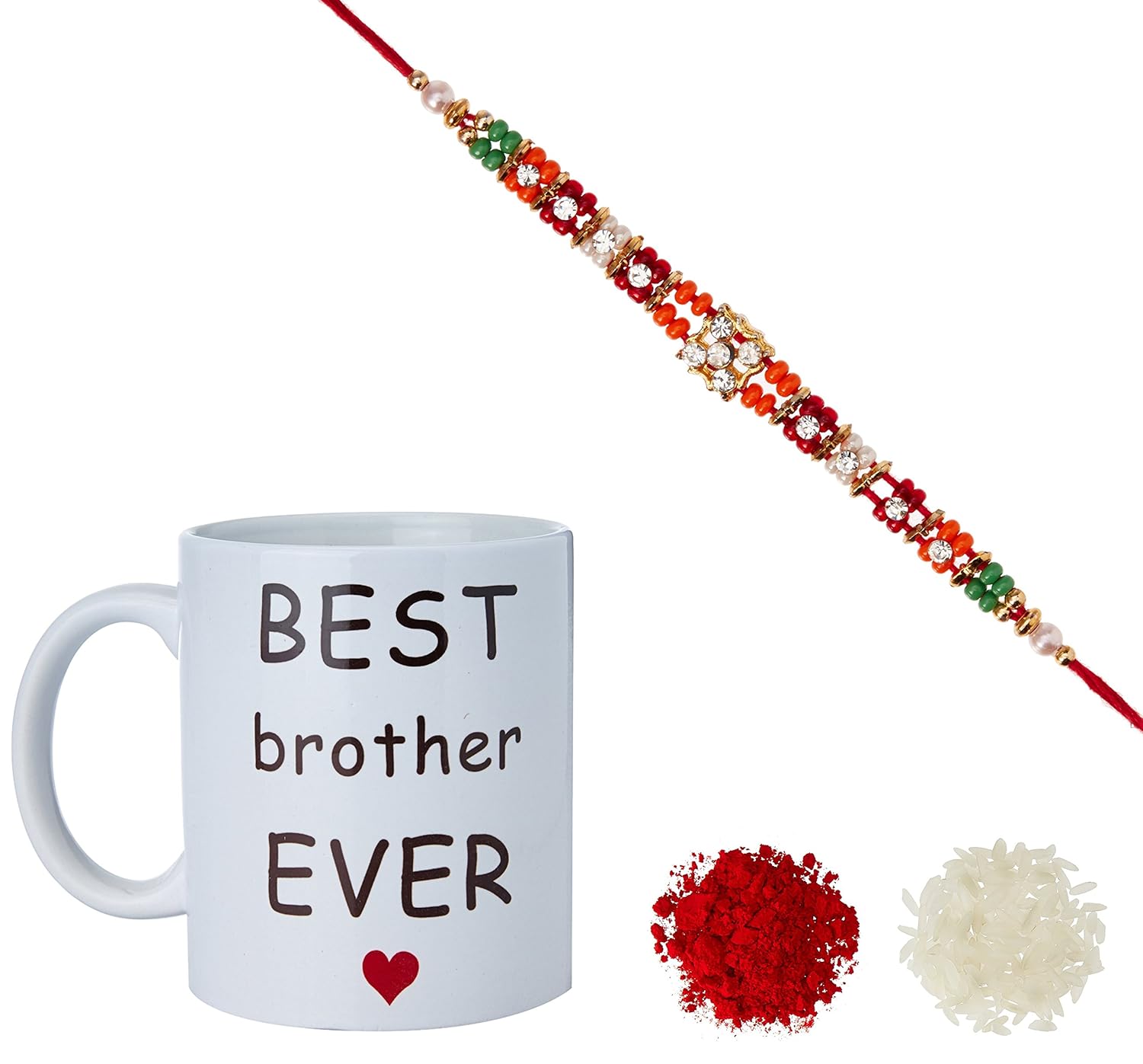 Aheli AD, Plastic Yellow Flower & Pearl Rakhi for Men Mug and Roli Chawal Tilak