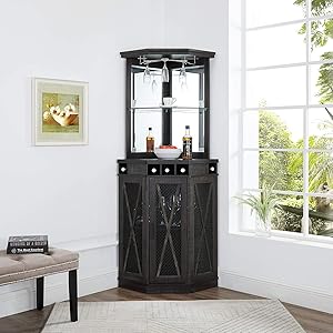 Home Source Corner Bar Unit with Built-in Wine Rack and Lower Cabinet (Grey)