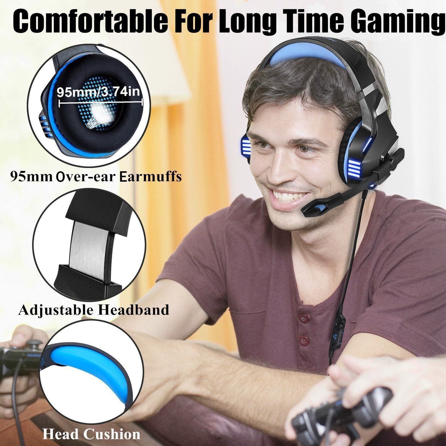 Gaming Headset for PS4 Xbox One, Micolindun Over Ear Gaming Headphones with Mic Stereo Surround Noise Reduction LED Lights Volume Control for Laptop, PC, Tablet, Smartphones