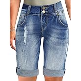 Flamingals Women's Bermuda Jean Shorts Mid Waist Straight Leg Summer Stretchy Denim Shorts