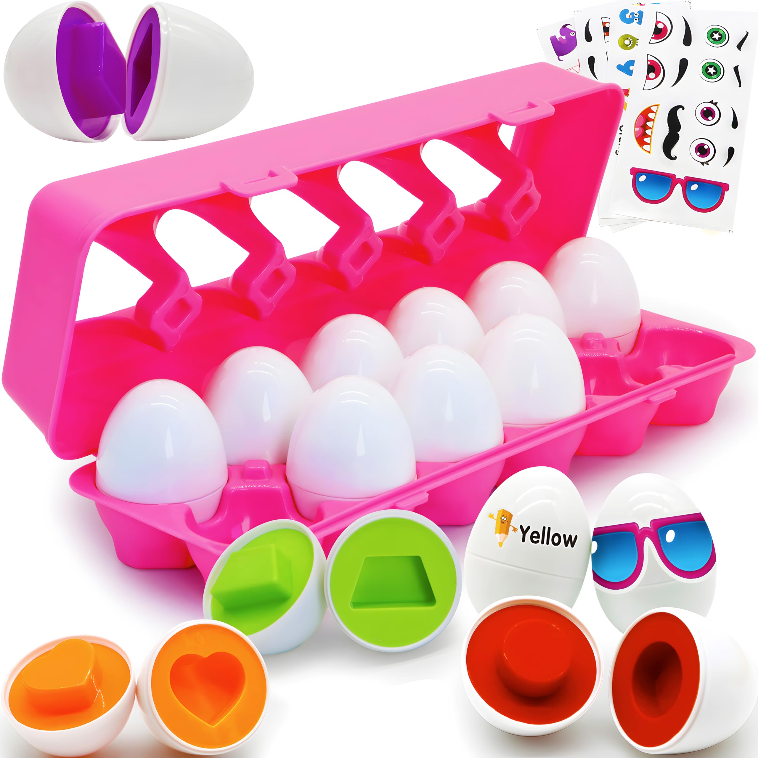MOONTOY Montessori Matching Eggs, 12PCS Color & Shape Recognition Toy for Toddlers 1-3, Educational Learning Eggs with Pink Storage Case, Fine Motor Skills STEM Gift for 1 2 3 Year Old Boys Girls Kids