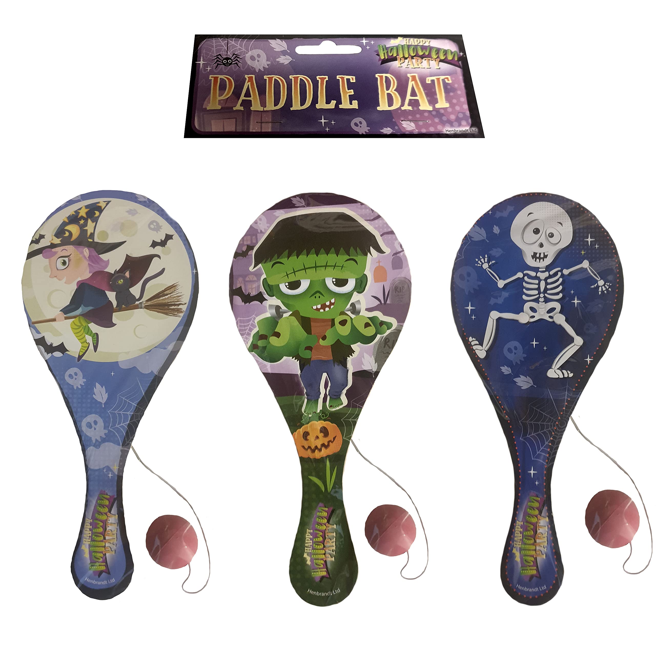 HENBRANDT Halloween Large 22cm Wooden Paddle Bat & Ball Party Bag Toys (Pack of 24)