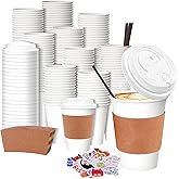BIBBOO 12OZ Disposable Coffee Cups with Lids and Sleeves, 50 Pack Heat Resistant and Leak-Proof To Go Cups for Party Supplies, Office, Cafe
