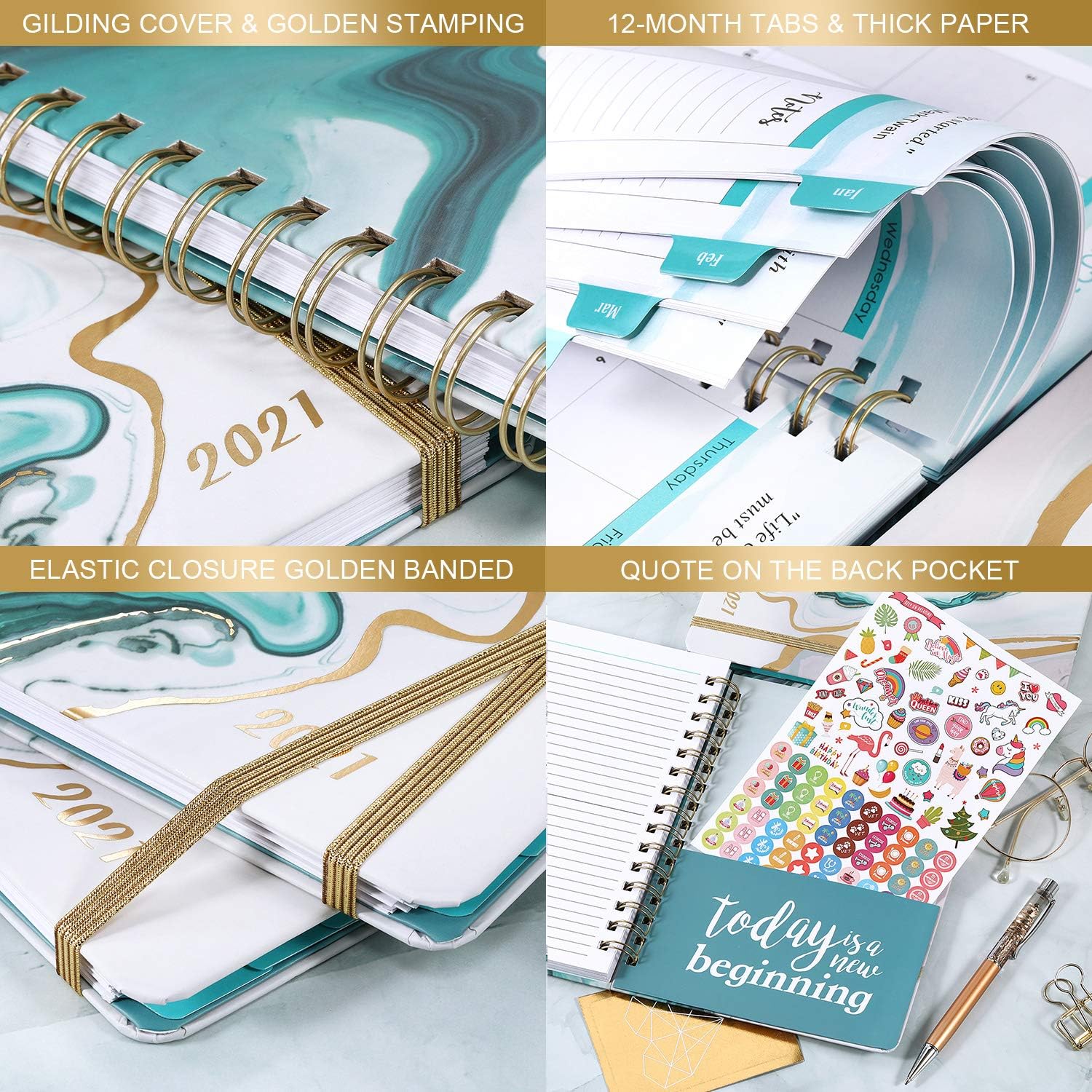 Planner 2021 - Weekly & Monthly Planner with Tabs, 6.5" x 8.5", Hardcover with Thick Paper + Back Pocket + Banded, Twin-Wire Binding - Sea Blue : Office Products