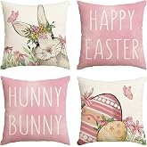 AVOIN colorlife Happy Easter Hunny Bunny Pink Throw Pillow Covers, 18 x 18 Inch Easter Eggs Bunny Spring Cushion Case for Sofa Couch Set of 4
