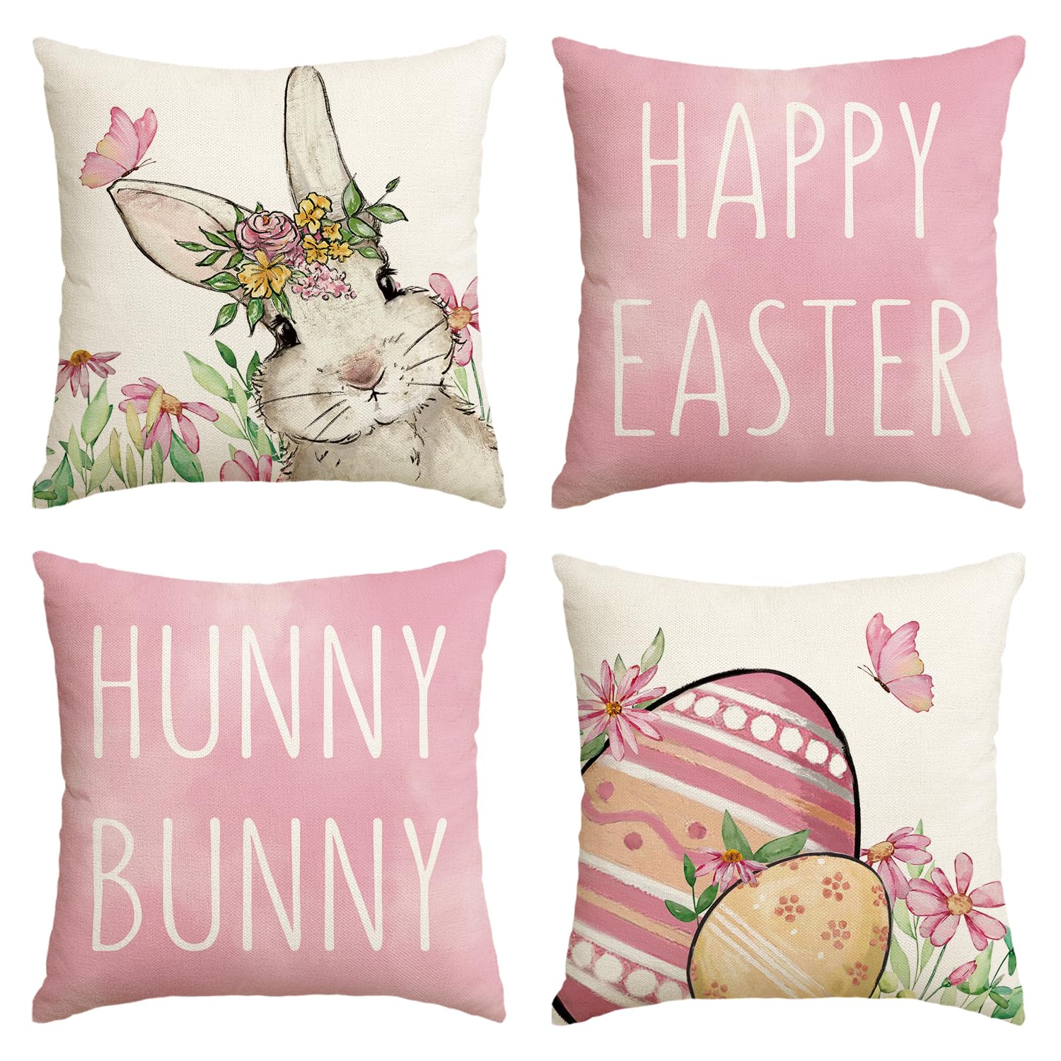 Photo 1 of AVOIN colorlife Happy Easter Hunny Bunny Pink Throw Pillow Covers, 18 x 18 Inch Easter Eggs Bunny Spring Cushion Case for Sofa Couch Set of 4