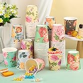 Patelai 150 Count Vintage Floral Paper Tea Cups 9 oz, 6 Designs 25 Each, Disposable Coffee Cups with Rolled Rim for Hot Cold Drinks, Tea Party Bridal Shower Dessert Table, Lids Not Included